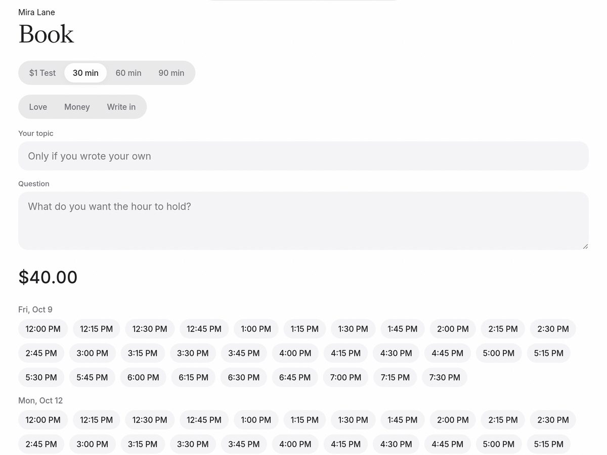 Screenshot: booking a 30-minute session for $40.00