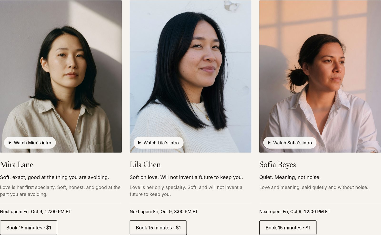 Screenshot: three Reader cards with intro videos and session prices